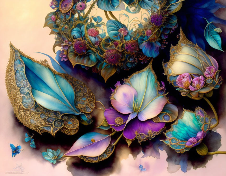 Vibrant blue and purple fantasy flowers with butterfly-like petals and ornate details