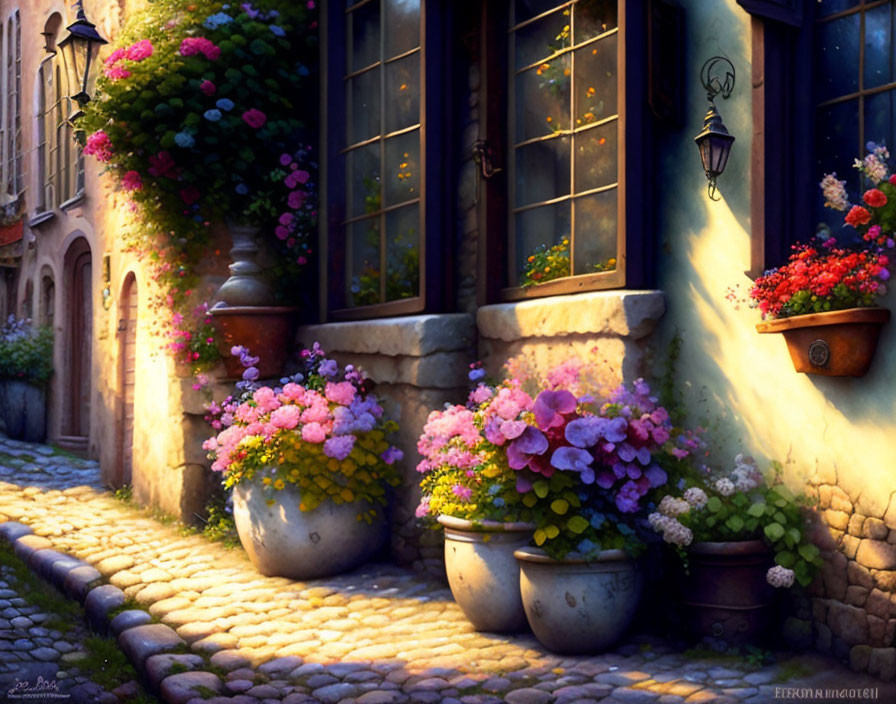 Charming cobblestone alley with colorful flowers and warm lit windows