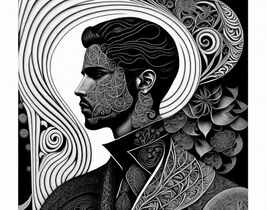 Monochromatic profile portrait with intricate patterns and swirls.