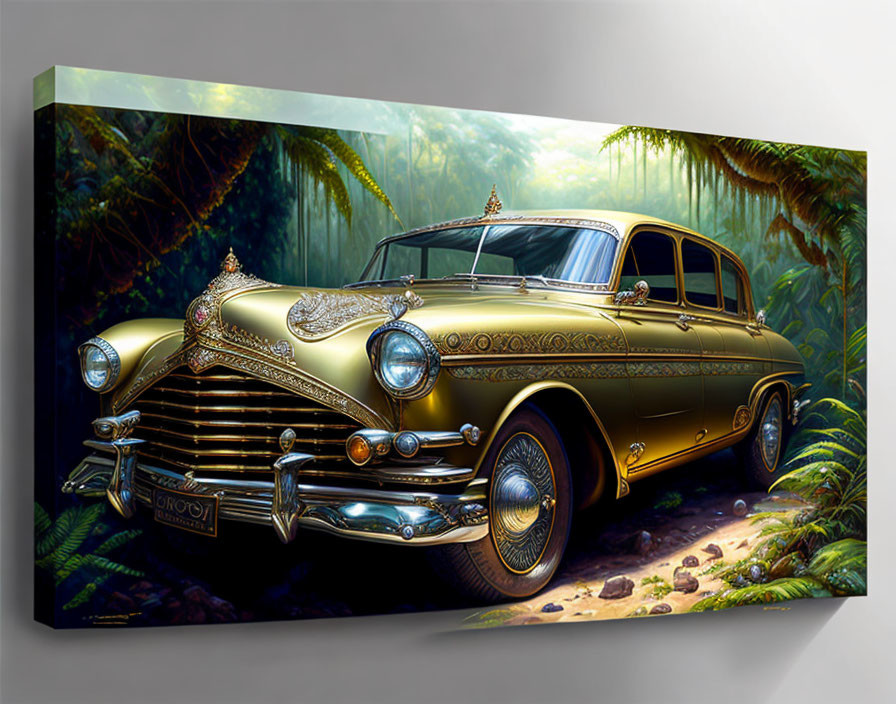 Stylized golden vintage car in lush jungle setting