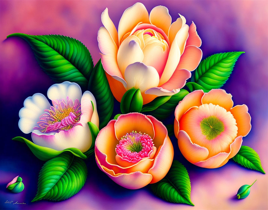 Colorful digital flower art: pink, orange hues, green leaves, purple backdrop