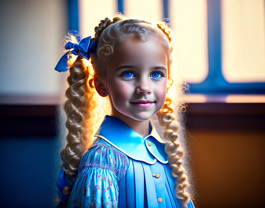 Young girl with curly blonde hair and blue bow in sunlight by window