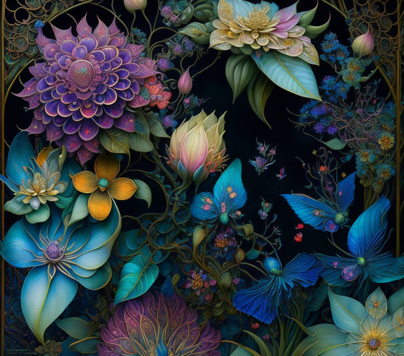 Colorful floral and butterfly painting on dark backdrop