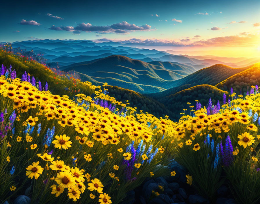 Vibrant sunset scene: rolling hills, yellow and purple flowers, colorful sky