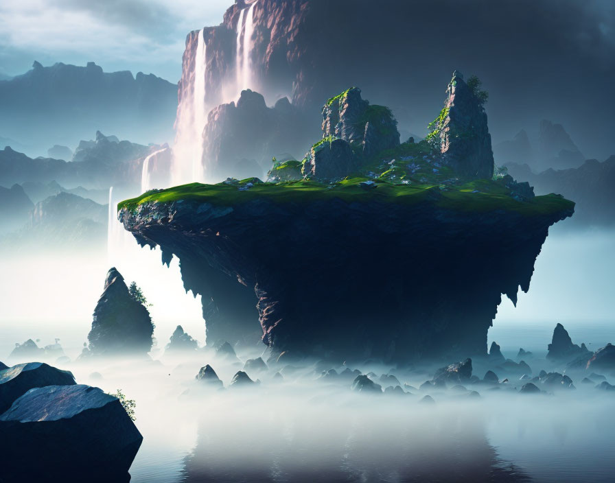 Mystical floating island with lush greenery, jagged rocks, waterfalls, mist, dramatic