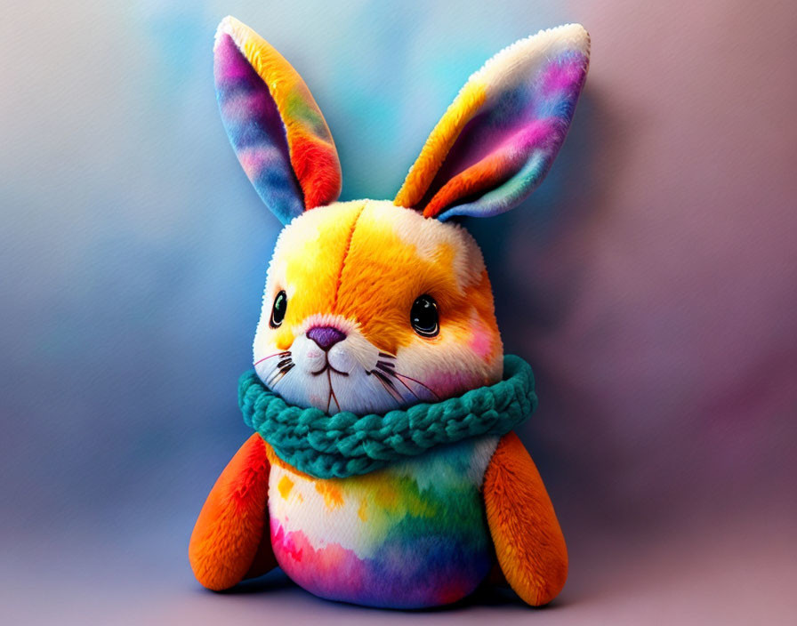 Multicolored plush bunny toy with green knitted scarf on gradient background