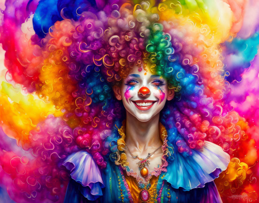 Colorful portrait of a smiling clown with rainbow afro and traditional makeup