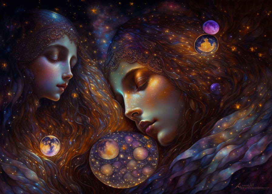 Ethereal female figures with cosmic features in starry setting