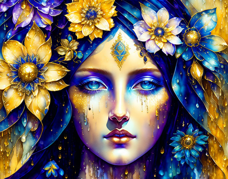 Vibrant woman's face with gold and blue floral adornments on blue background