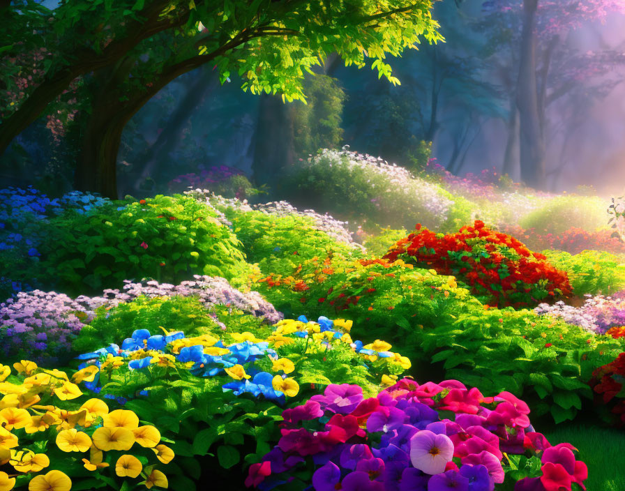 Colorful Flowers in Sunlit Garden: Tranquil & Picturesque Scene