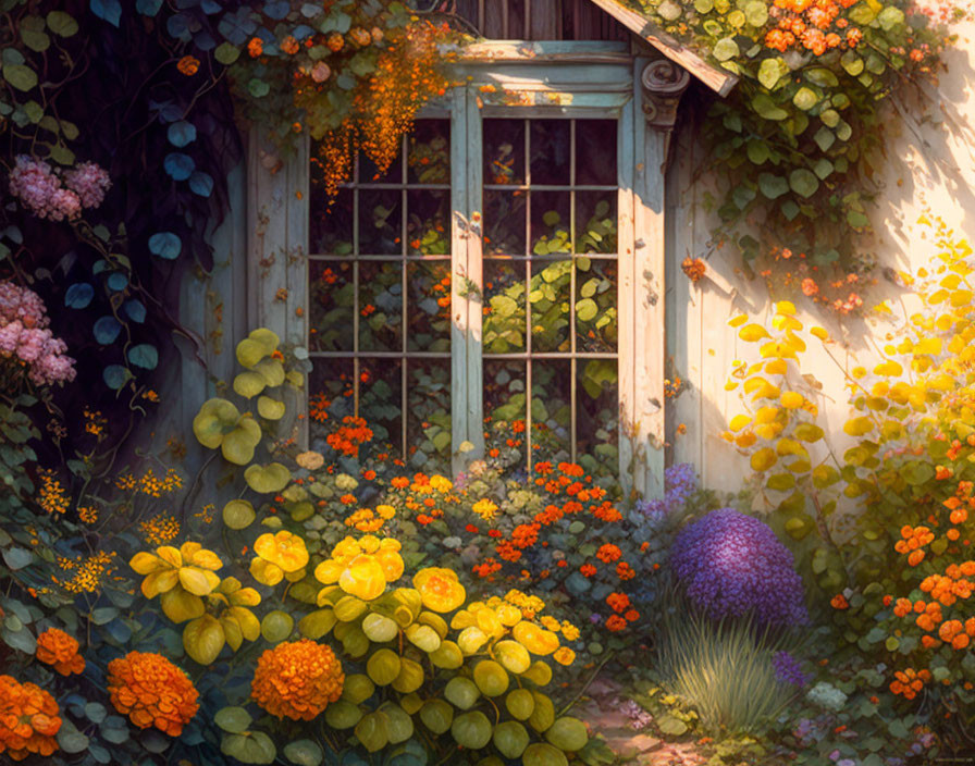 Vibrant flowers in bloom around rustic window in lush garden.