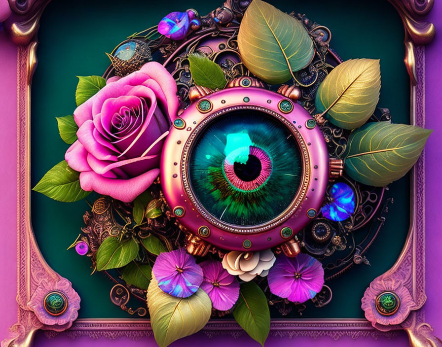 Detailed Artwork: Large Green Eye with Mechanical and Floral Elements