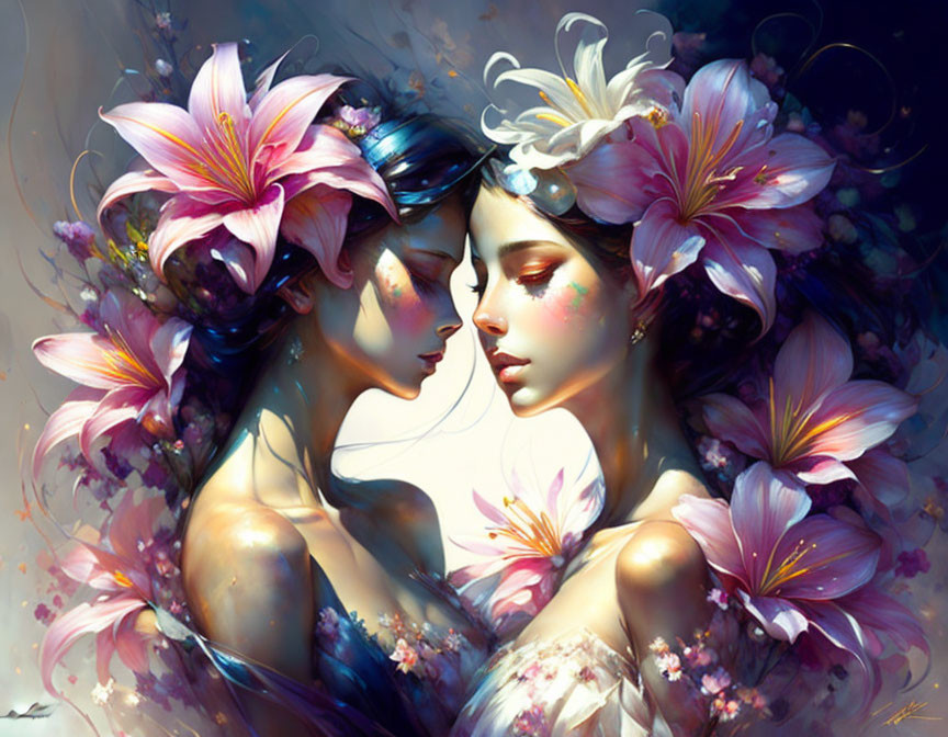 Digital painting: Two entwined female figures with floral adornments