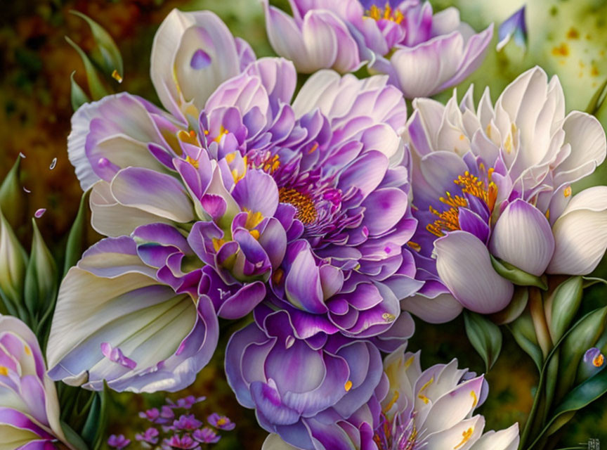 Purple and White Flowers with Intricate Petals in Green Foliage