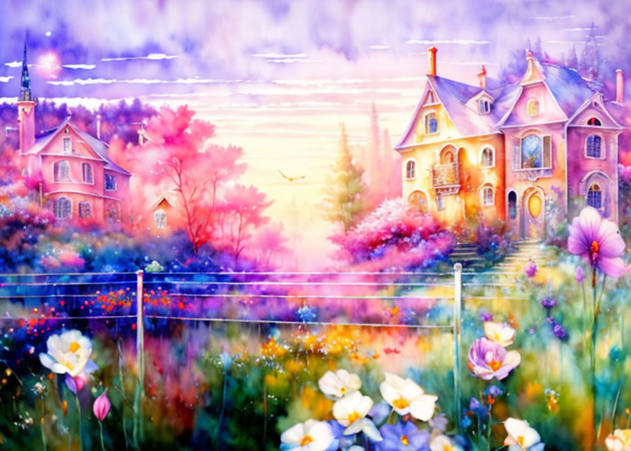 Colorful Watercolor Painting: Whimsical Houses & Gardens in Sunset Scene