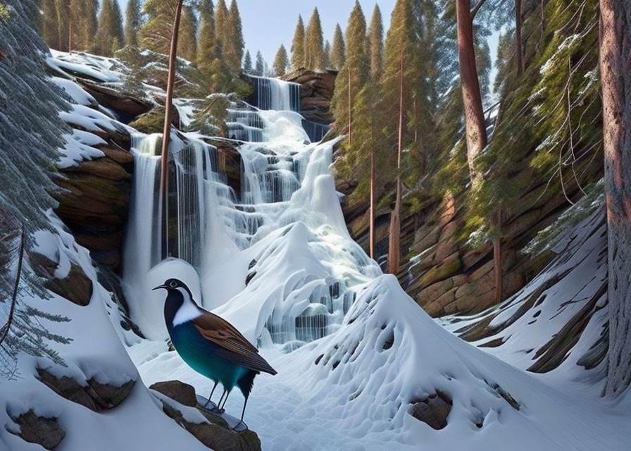 Vibrant peacock with frozen waterfall in snowy forest