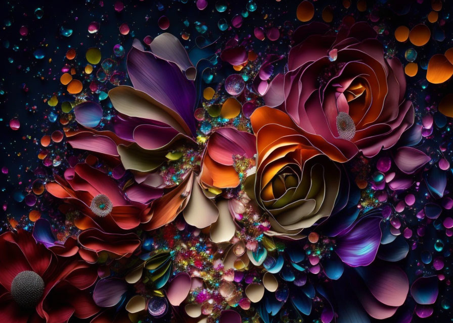 Colorful Flowers Artwork on Dark Background with Bubbles