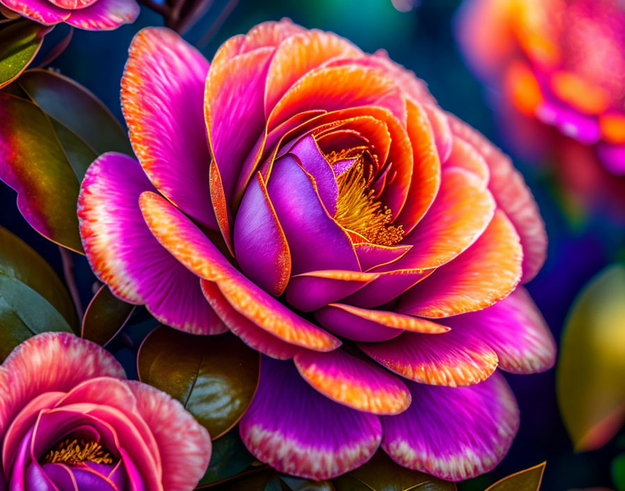 Vibrant Multicolored Flower with Overlapping Petals in Pink, Orange, and Yellow