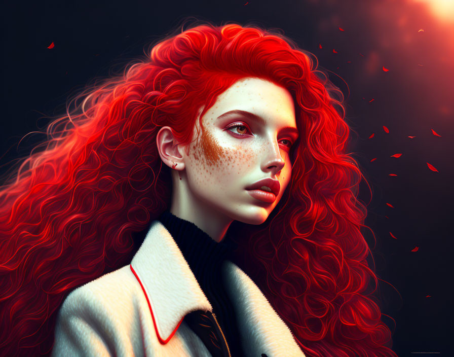 Portrait of woman with red hair and freckles against dark red background