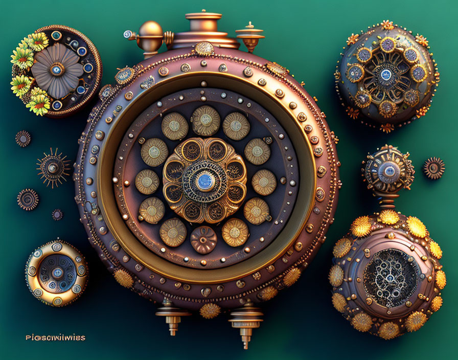 Detailed Steampunk Mechanical Composition on Green Background