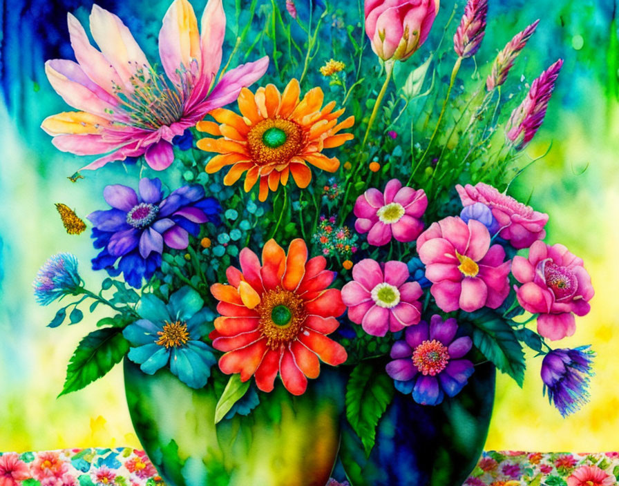 Colorful Watercolor Painting of Diverse Flower Bouquet