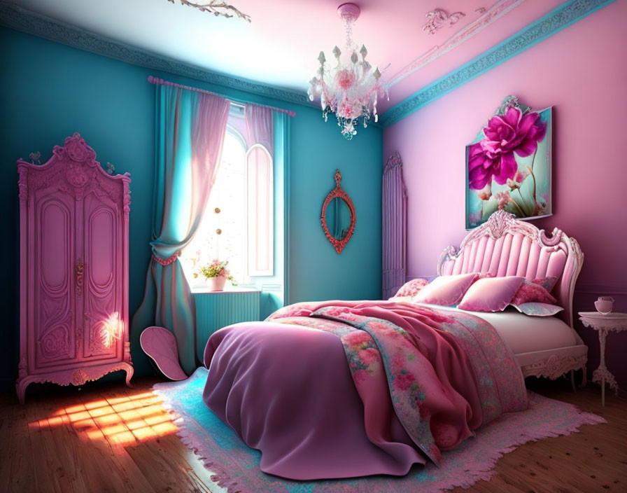 Pink and Turquoise Bedroom Decor with Floral Bedding and Vintage Wardrobe