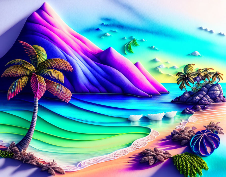 Colorful Tropical Beach Scene with Palm Trees and Seashells Under Pastel Sky