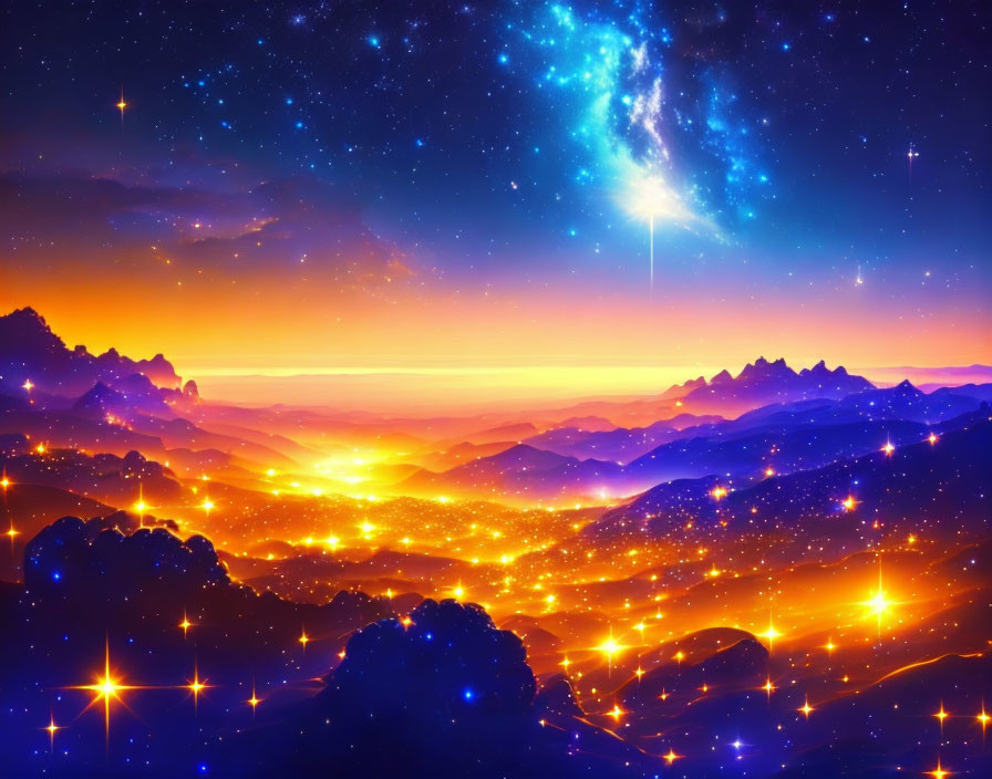 Colorful digital artwork: Starry sky meets illuminated mountain landscape at twilight