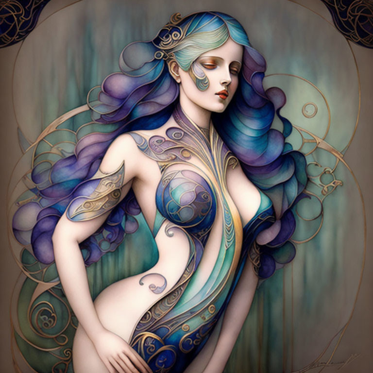 Stylized female figure with blue hair and body art in Art Nouveau backdrop