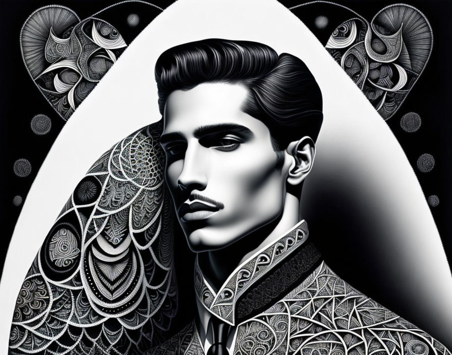 Monochromatic portrait of a man with intricate patterns and elegant details