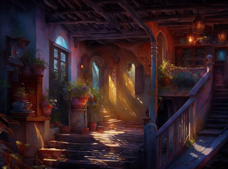 Rustic courtyard with plants and warm lights at twilight