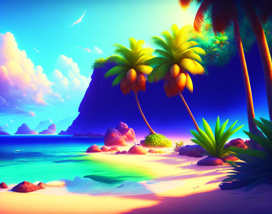 Tropical beach scene with palms, golden sands, blue sea, mountains, and colorful sunset.