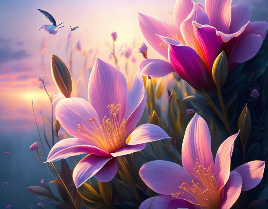 Pink Lilies in Purple Sunset Sky with Flying Birds