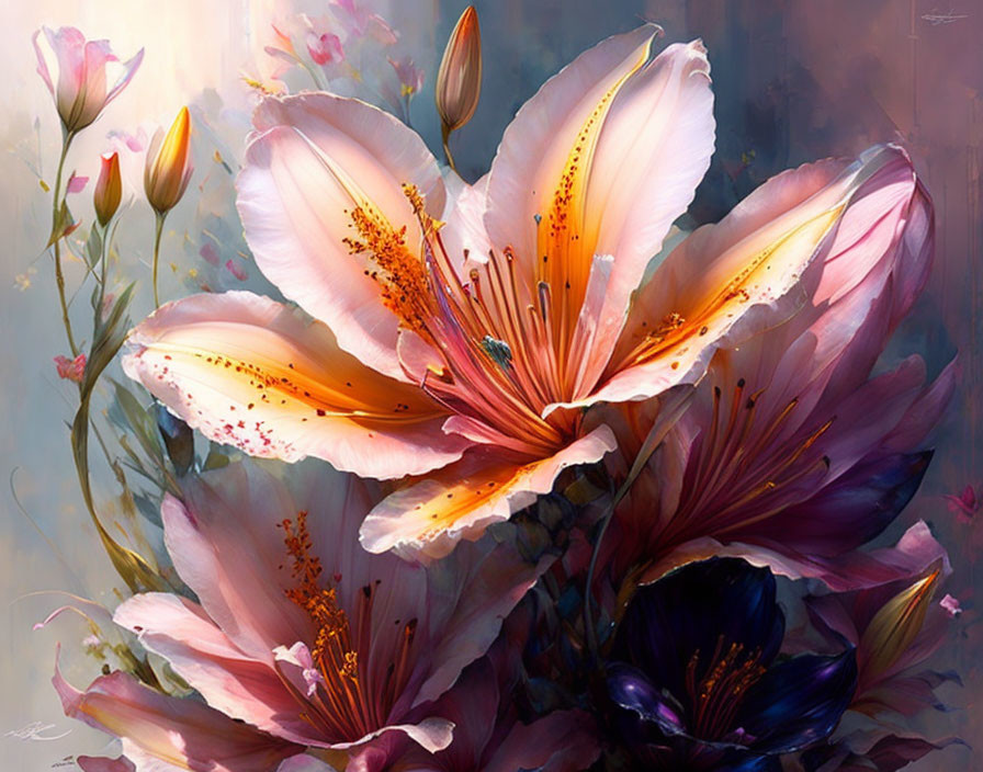 Colorful digital painting of blooming flowers in pink, orange, and purple tones