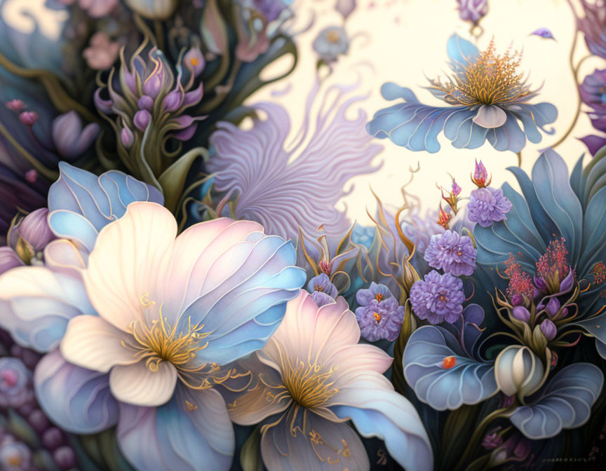 Detailed Illustration of Stylized Flowers in Soft Pastel Colors