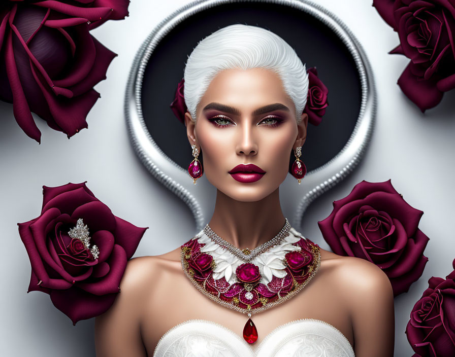 Elegant woman with white hair and red lipstick adorned with ruby jewelry among red roses