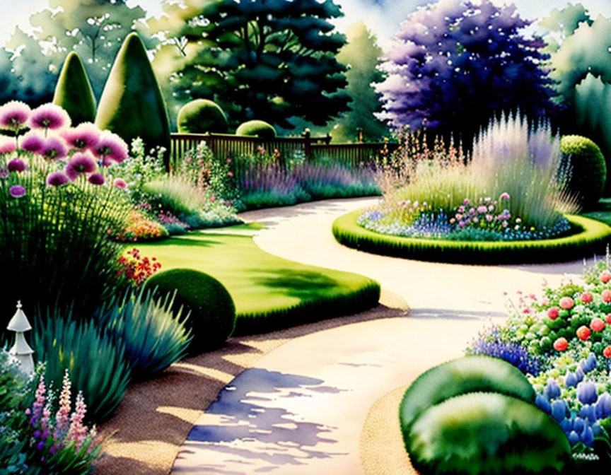 Colorful garden with trimmed hedges, winding path, flowers, and trees in serene setting