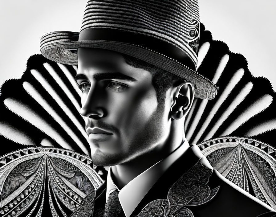 Stylized man in boater hat on patterned background - detailed monochrome design