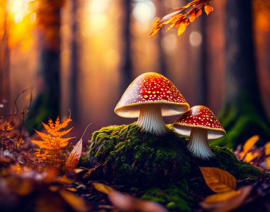 Vibrant autumn forest scene with red and white mushrooms on mossy log