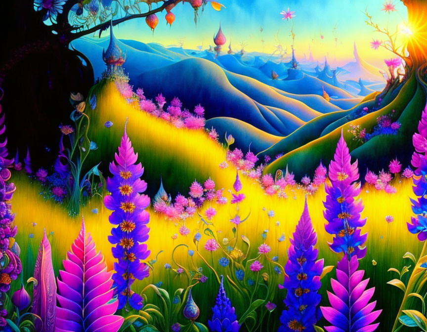 Luminous flowers and rolling hills in vibrant fantasy landscape