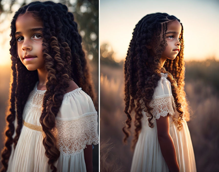 Curly-Haired Girl in White Lace Dress at Golden Hour