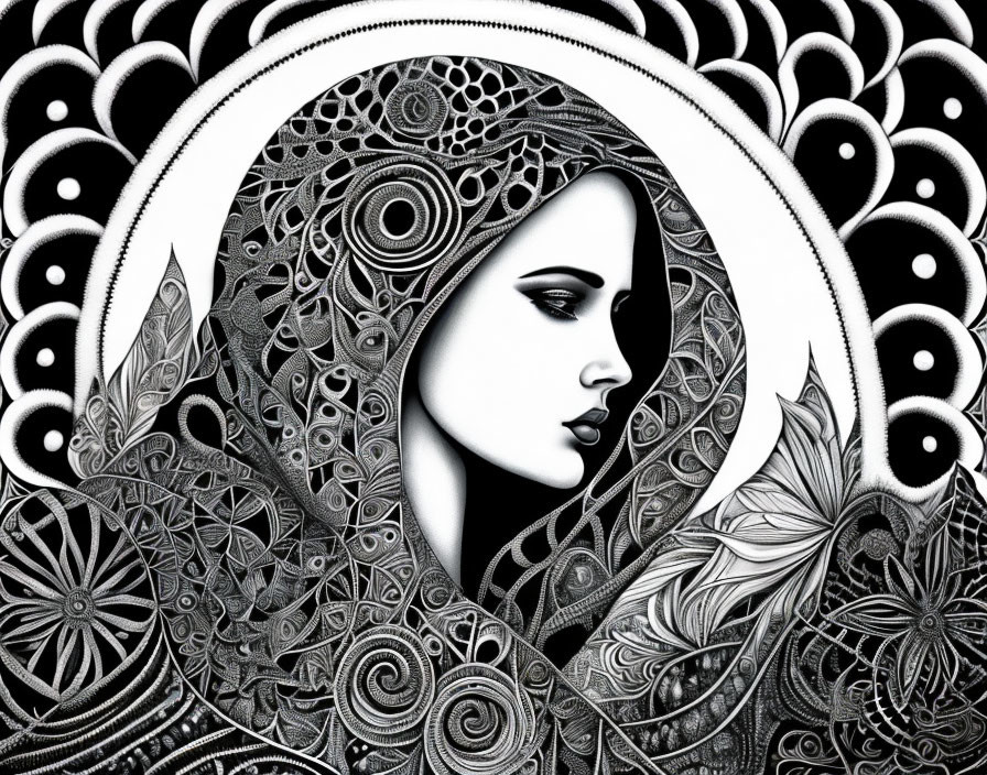 Detailed monochrome woman illustration with floral and circular patterns