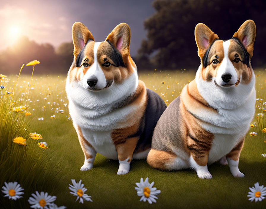 Two corgi dogs in field with flowers at sunset