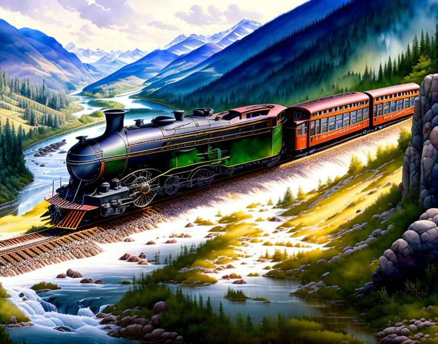 Vintage green locomotive train in mountain landscape with river