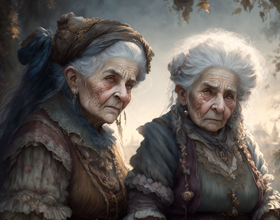 Elderly women with white hair in ornate clothing, gazing with wisdom