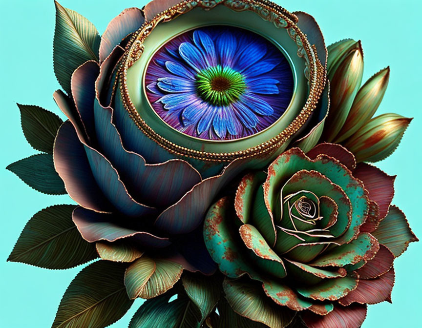 Colorful digital artwork: Blue flower in vintage frame with metallic botanical elements