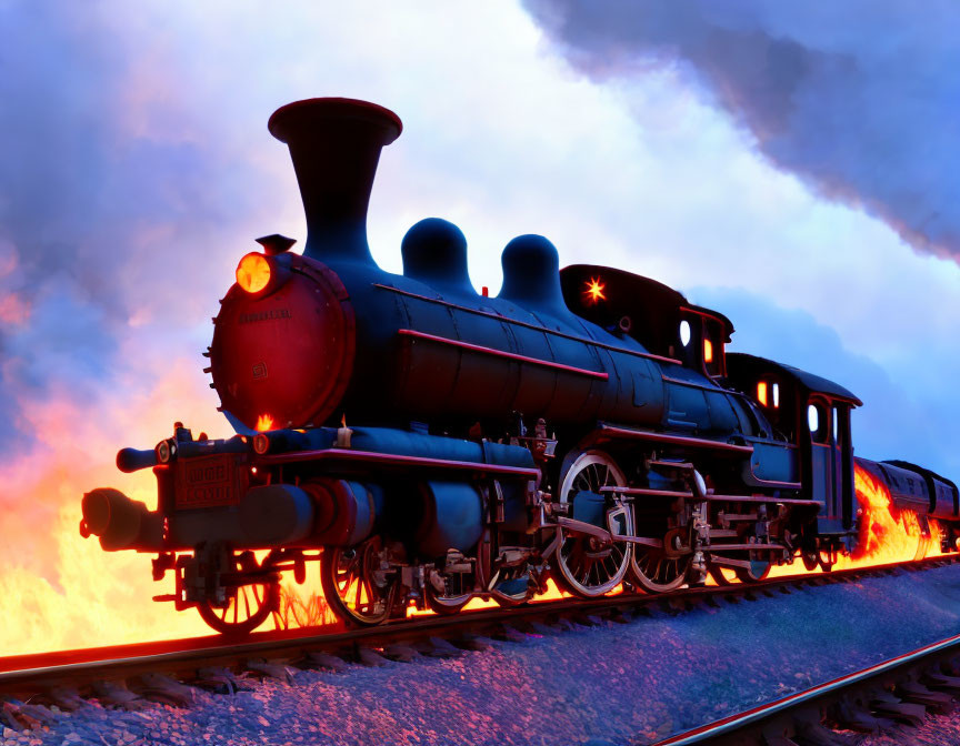 Vintage Steam Locomotive with Glowing Wheels on Tracks at Dusk