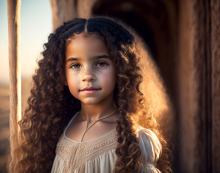 Young girl with curly hair and captivating eyes in sunlit environment