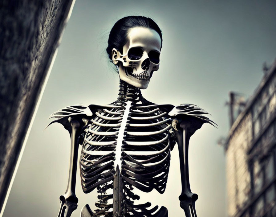 Surreal portrait of human skeleton with wings in urban setting