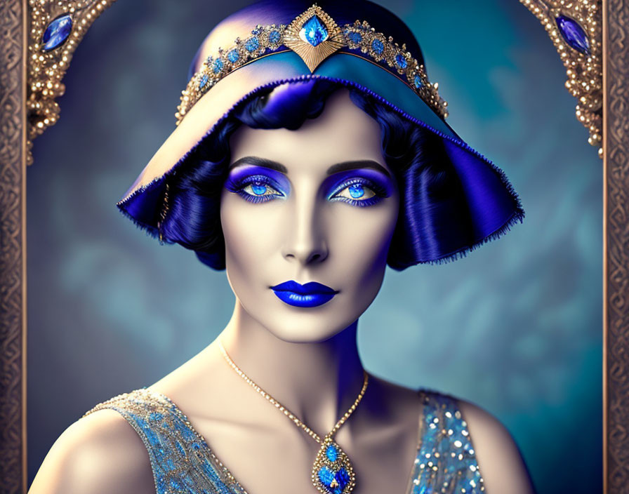 Stylized portrait of woman with vibrant blue hair and makeup in elegant attire